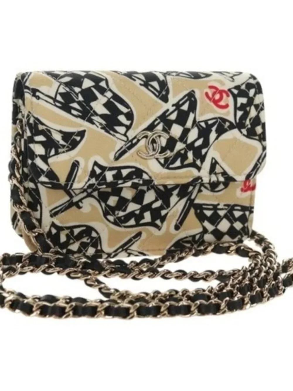 CHANEL Matelasse Chain Shoulder Pouch Nylon Beige Gold CC Auth bs35360SAM